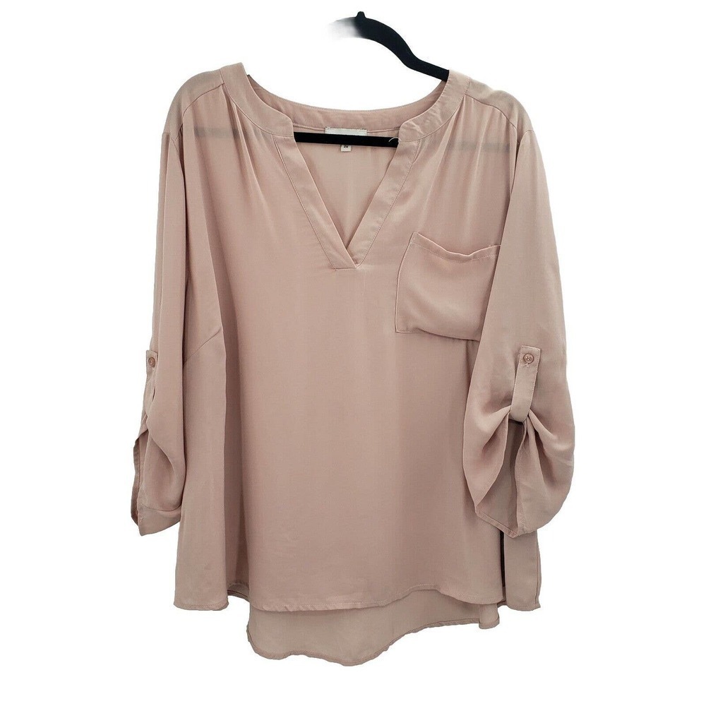 Adrienne Vittadini Pink Blush Blouse Women Size 2x Roll Tab Sleeve V Neck Pocket